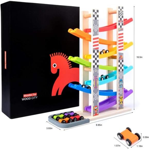 Toddler Toys for 1 2 3 Years Old, Wooden Car Ramp Racer Toy Vehicle Set - Picture 2 of 5